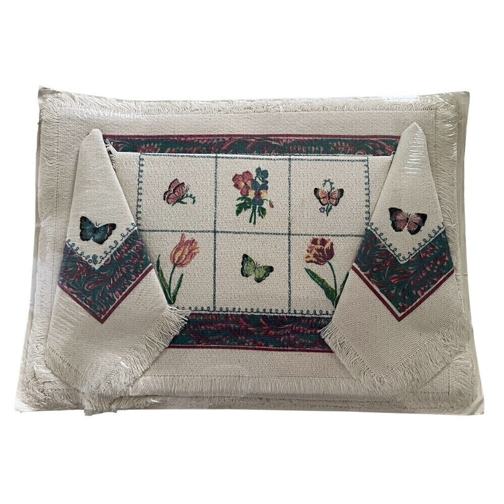 Vintage Stevens Linen Placemats Napkins Cup Towel Original Packaging Butterflies